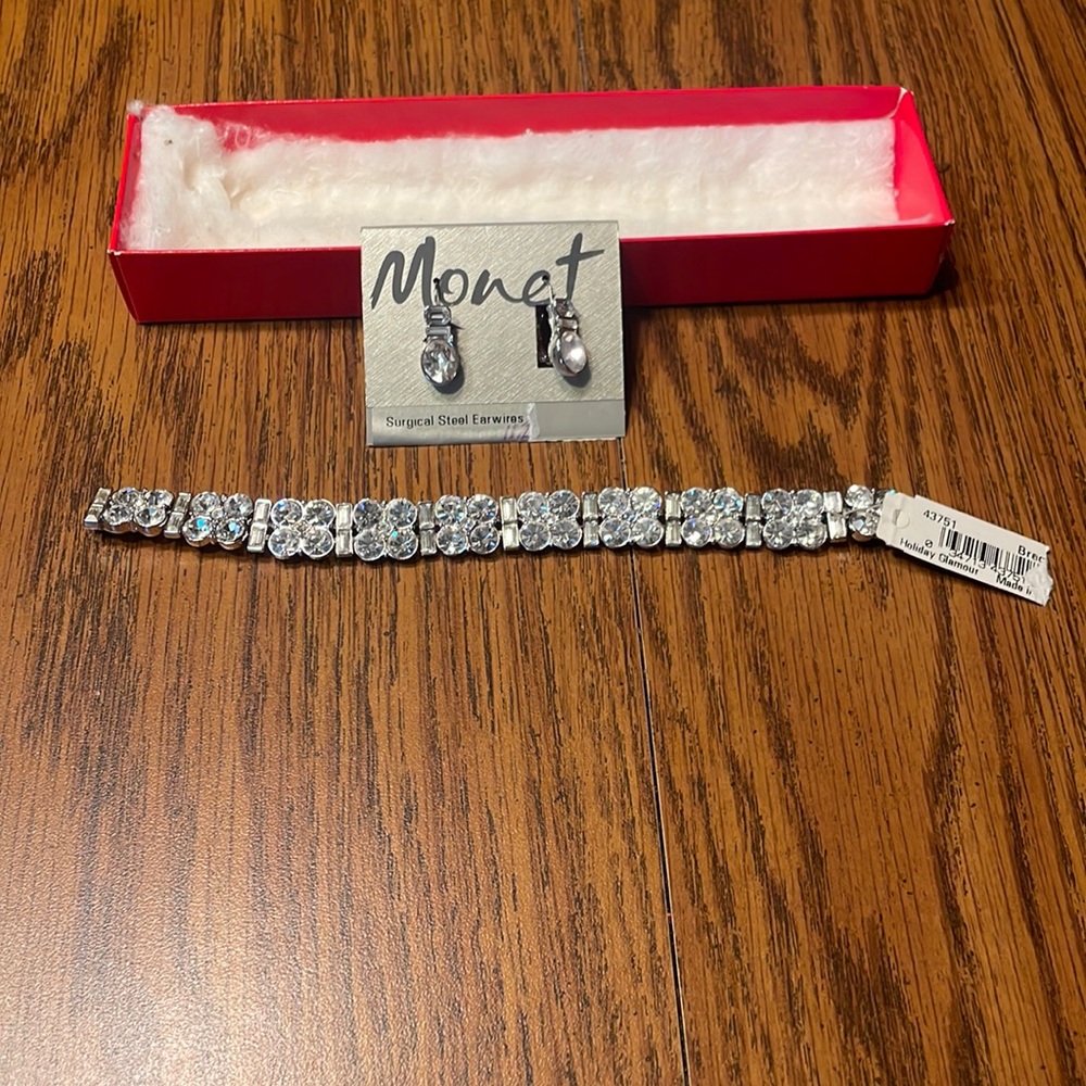 Monet holiday glamour bracelet/earrings. Bundle, new with box, comes as a set.